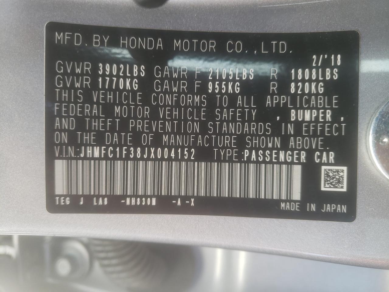 Photo 10 from auction – 2018 HONDA CIVIC EX with VIN JHMFC1F38JX004152