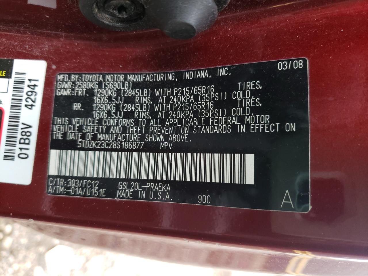 Photo 10 from auction – 2008 TOYOTA SIENNA CE with VIN 5TDZK23C28S186877