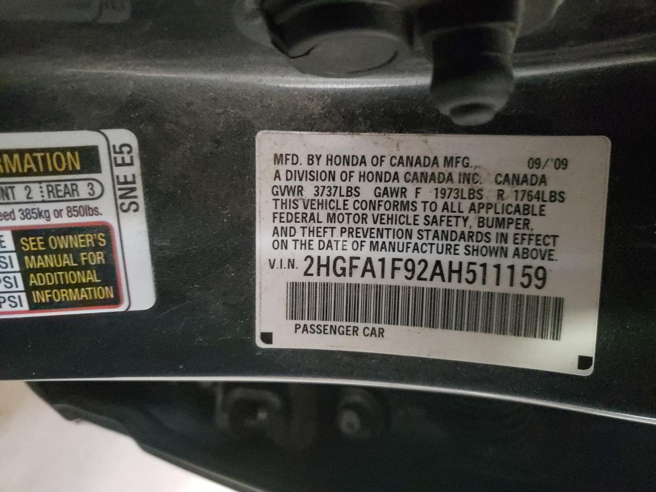 Photo 10 from auction – 2010 HONDA CIVIC EXL with VIN 2HGFA1F92AH511159
