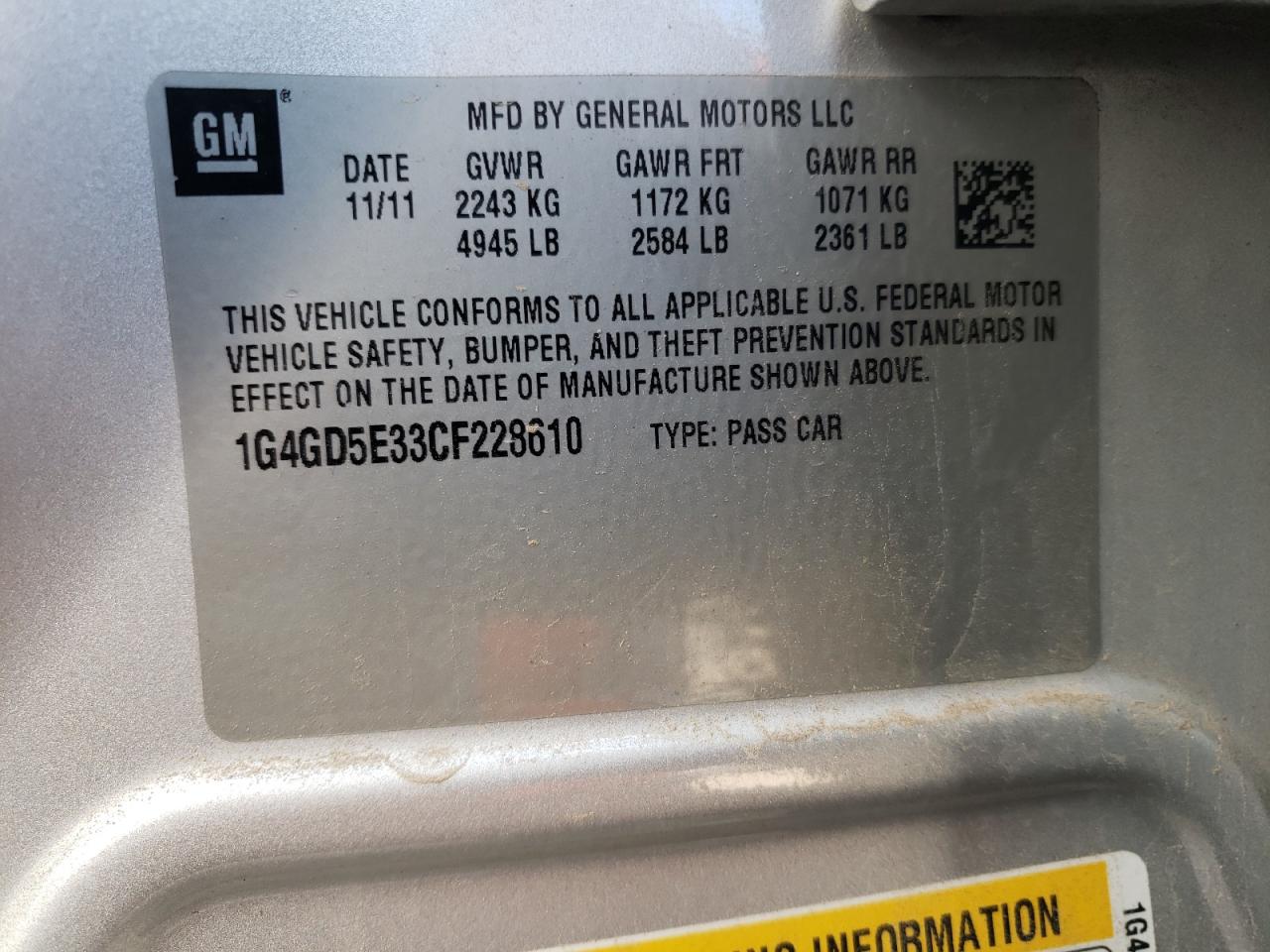 Photo 10 from auction – 2012 BUICK LACROSSE P with VIN 1G4GD5E33CF228610