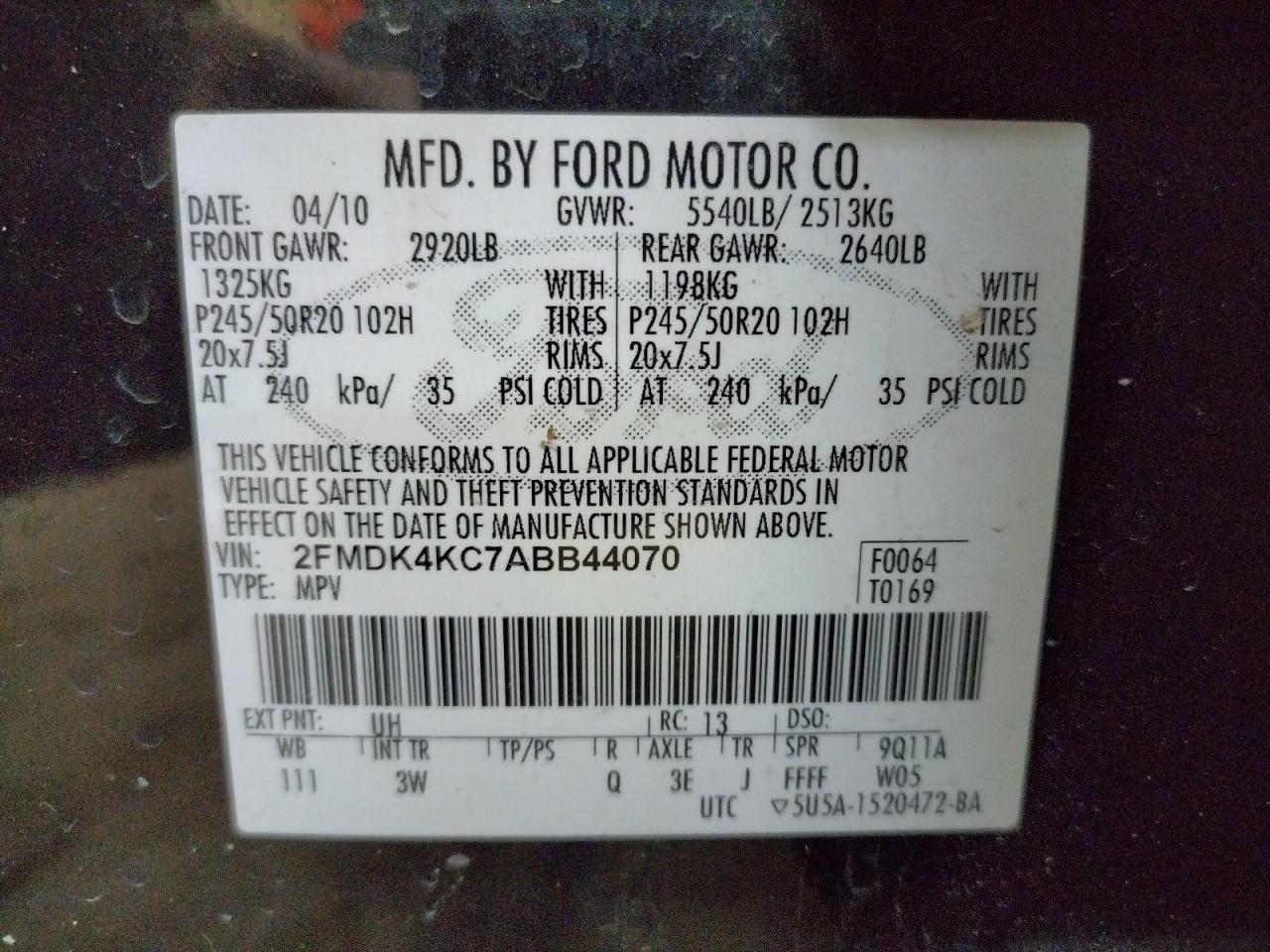 Photo 10 from auction – 2010 FORD EDGE LIMIT with VIN 2FMDK4KC7ABB44070