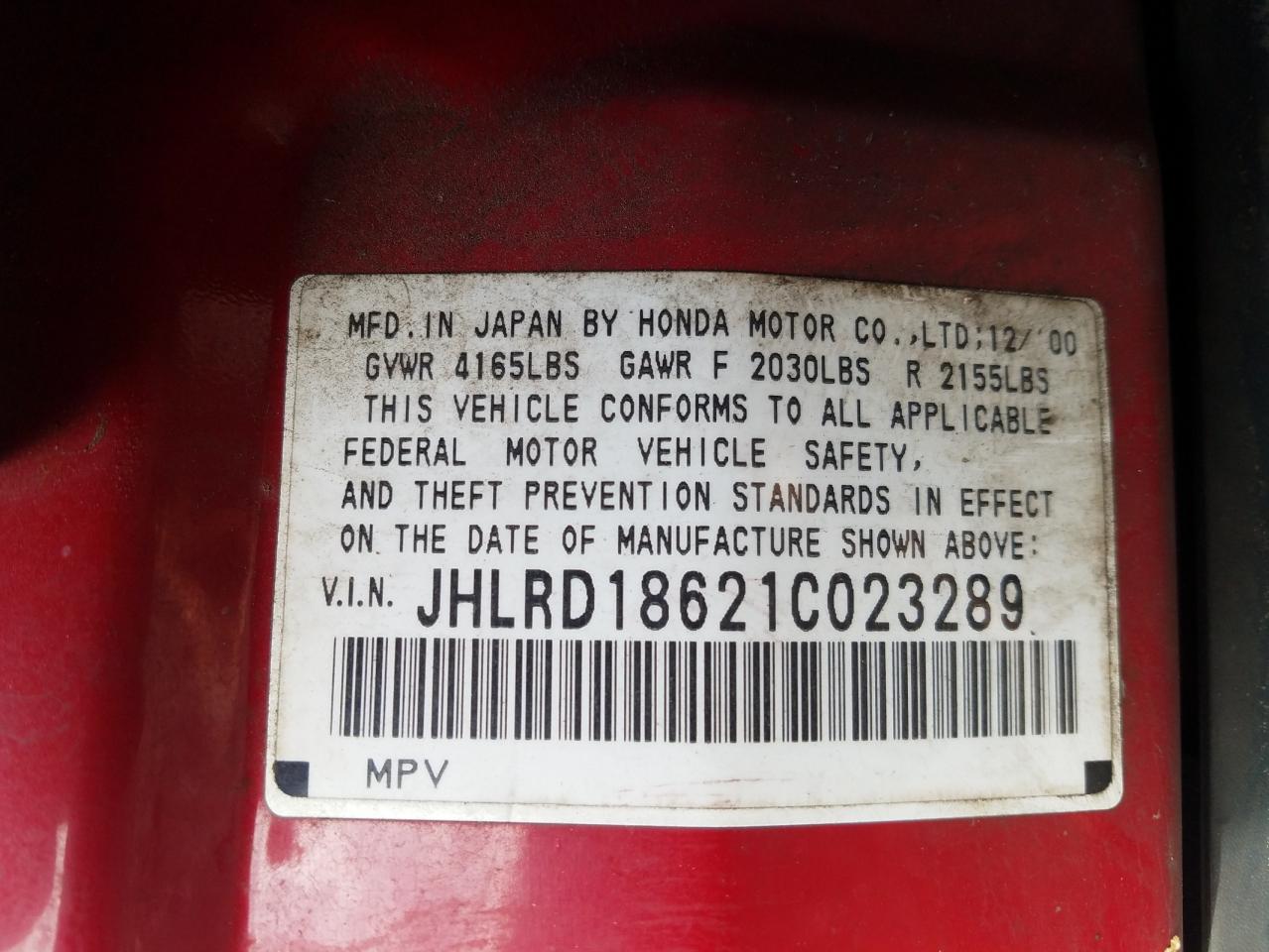 Photo 10 from auction – 2001 HONDA CR-V EX with VIN JHLRD18621C023289