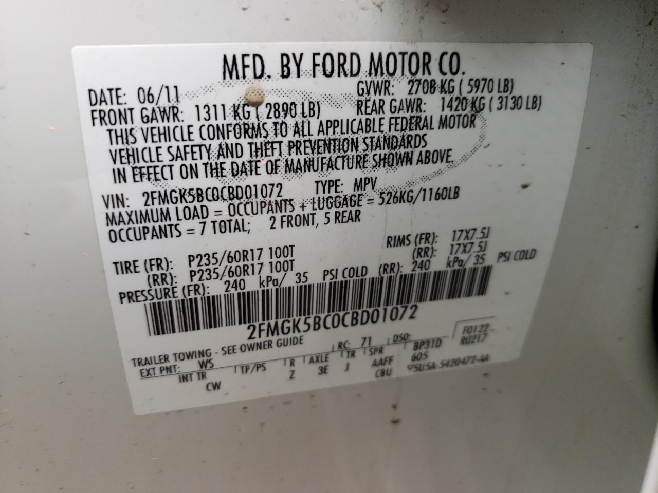 Photo 10 from auction – 2012 FORD FLEX SE with VIN 2FMGK5BC0CBD01072