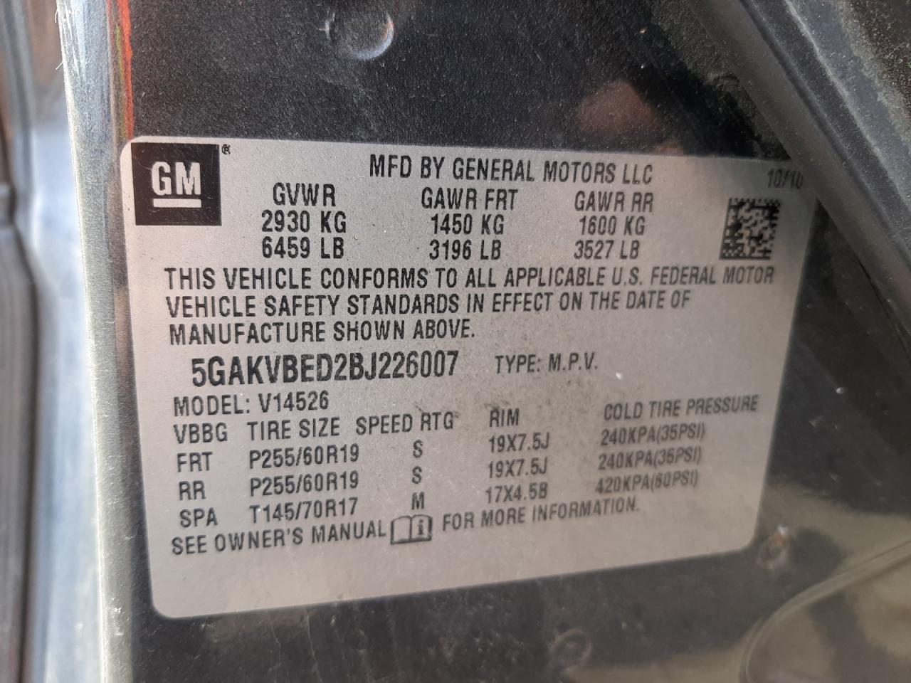 Photo 10 from auction – 2011 BUICK ENCLAVE CX with VIN 5GAKVBED2BJ226007