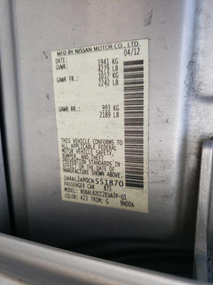 Photo 10 from auction – 2012 NISSAN ALTIMA BAS with VIN 1N4AL2AP0CN551870