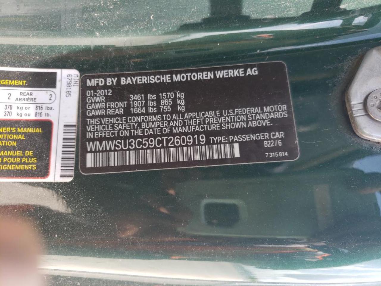 Photo 10 from auction – 2012 MINI COOPER with VIN WMWSU3C59CT260919