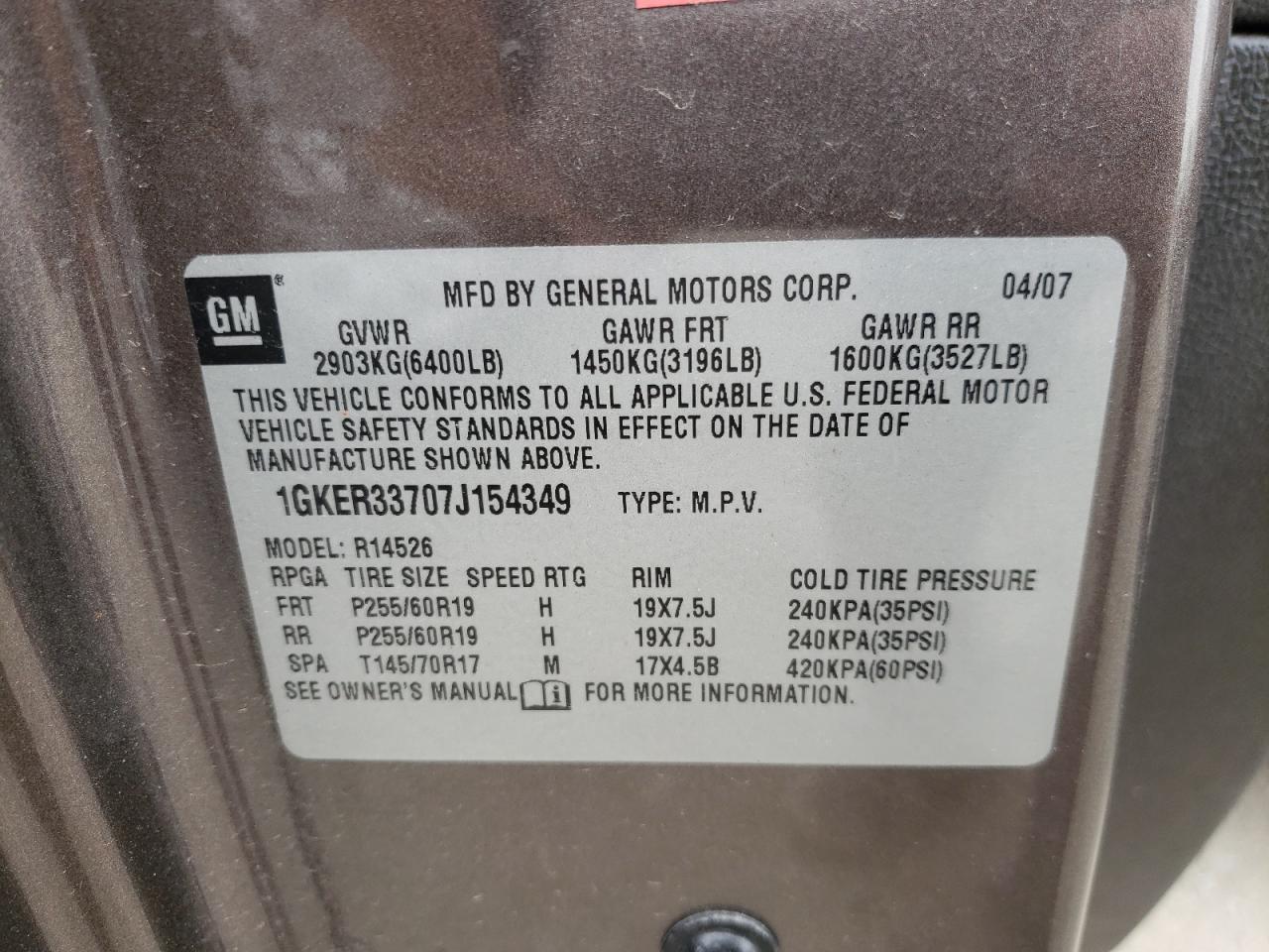 Photo 10 from auction – 2007 GMC ACADIA SLT with VIN 1GKER33707J154349