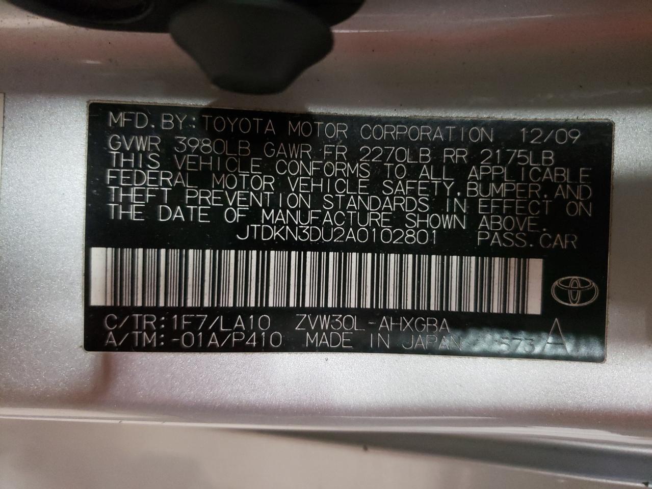 Photo 10 from auction – 2010 TOYOTA PRIUS with VIN JTDKN3DU2A0102801