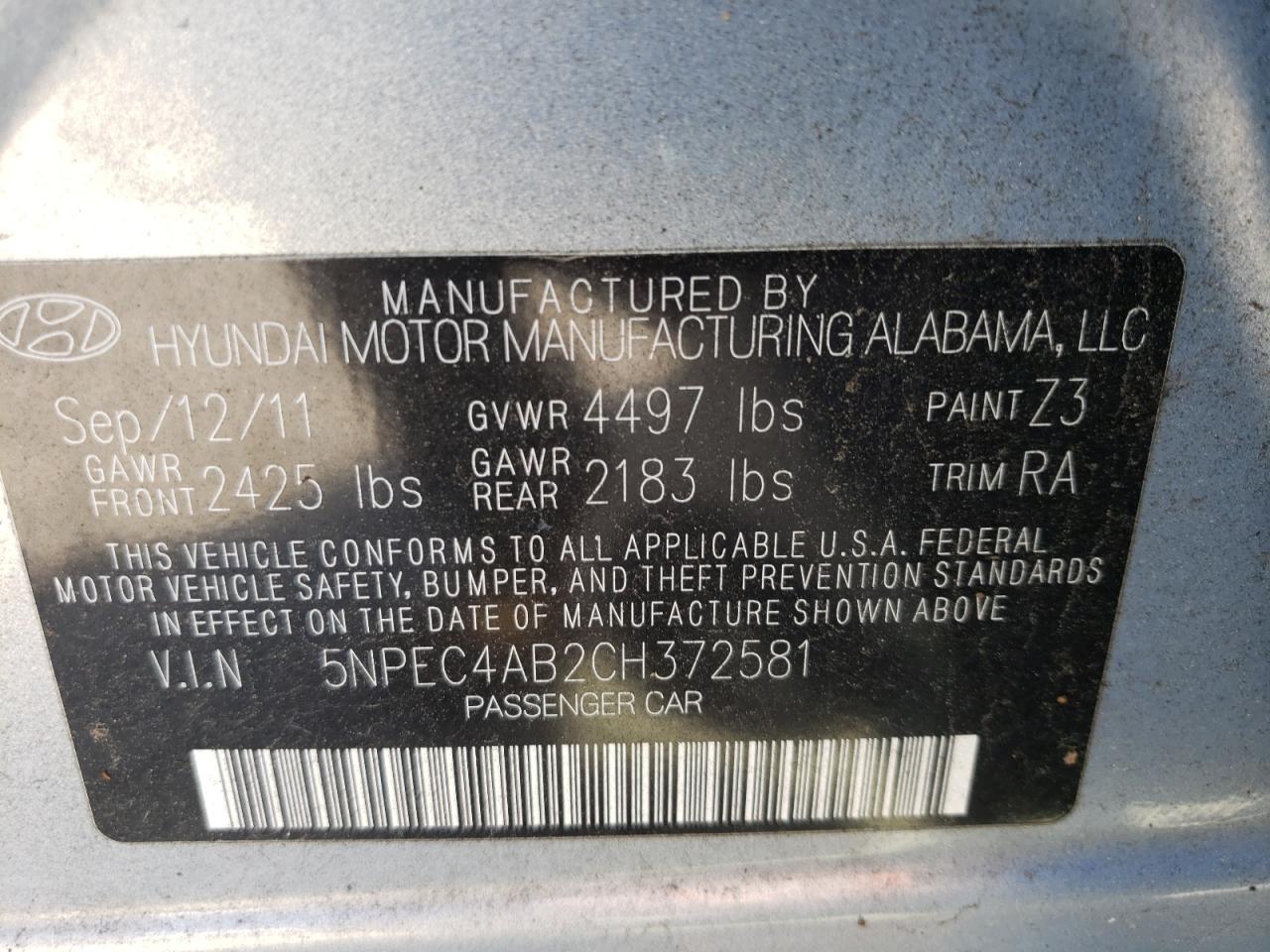 Photo 10 from auction – 2012 HYUNDAI SONATA with VIN 5NPEC4AB2CH372581