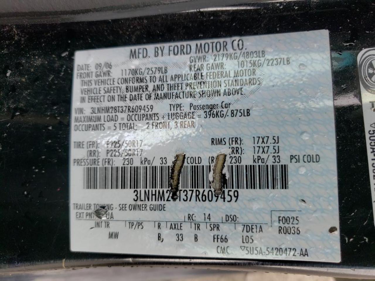 Photo 10 from auction – 2007 LINCOLN MKZ with VIN 3LNHM28T37R609459