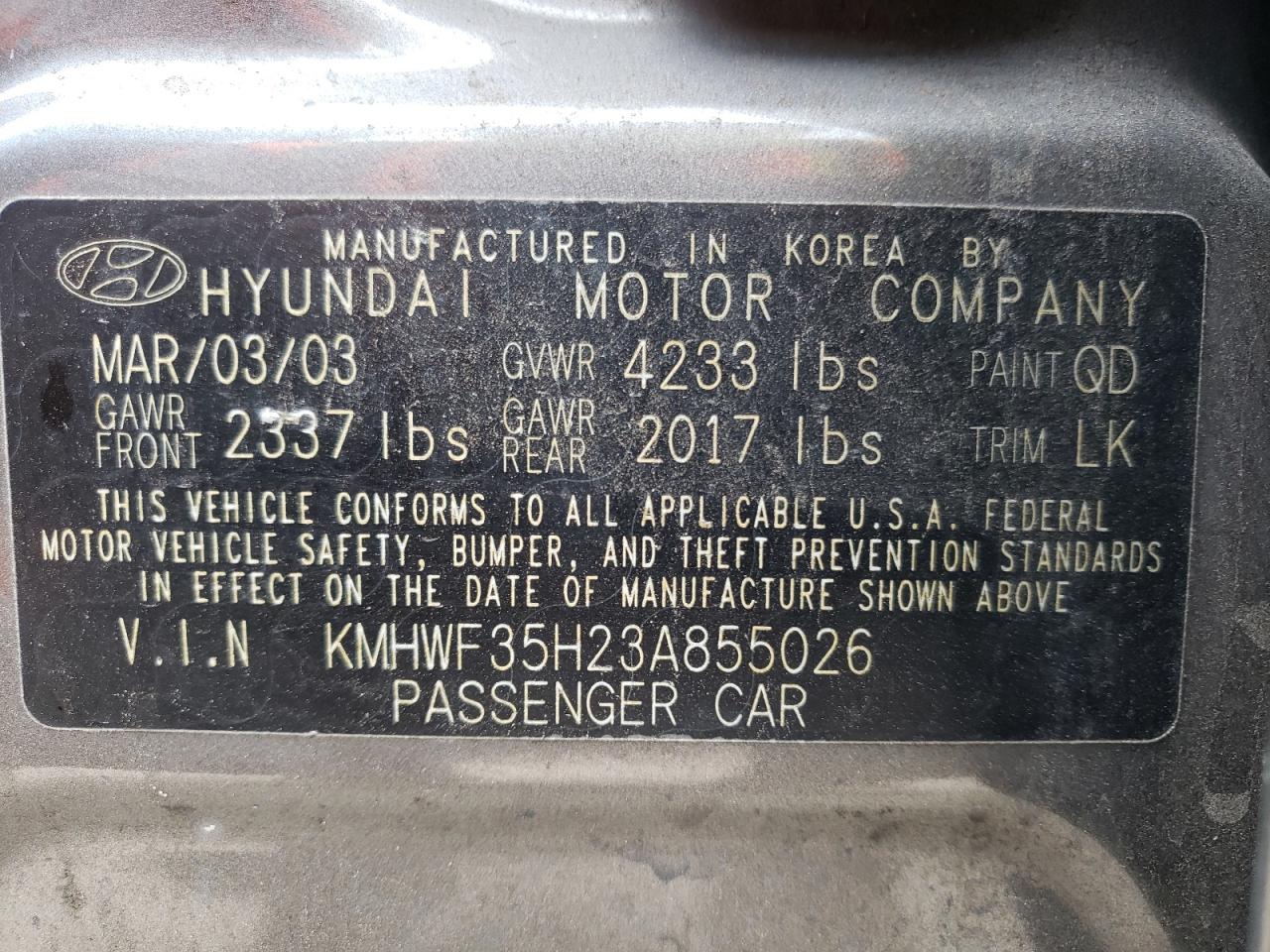 Photo 10 from auction – 2003 HYUNDAI SONATA GLS with VIN KMHWF35H23A855026