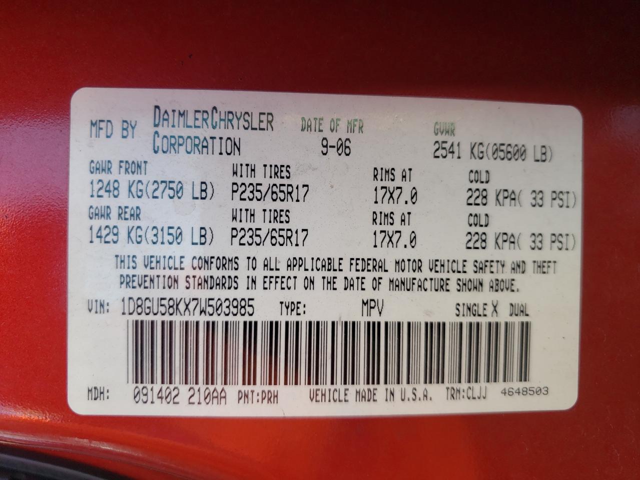 Photo 10 from auction – 2007 DODGE NITRO SLT with VIN 1D8GU58KX7W503985