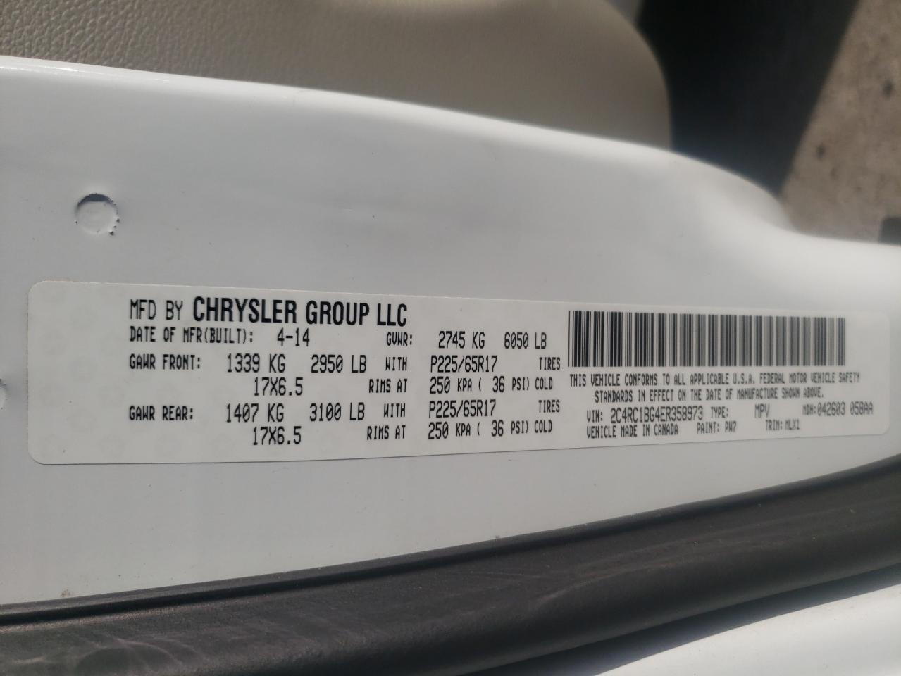 Photo 10 from auction – 2014 CHRYSLER TOWN & COU with VIN 2C4RC1BG4ER358973