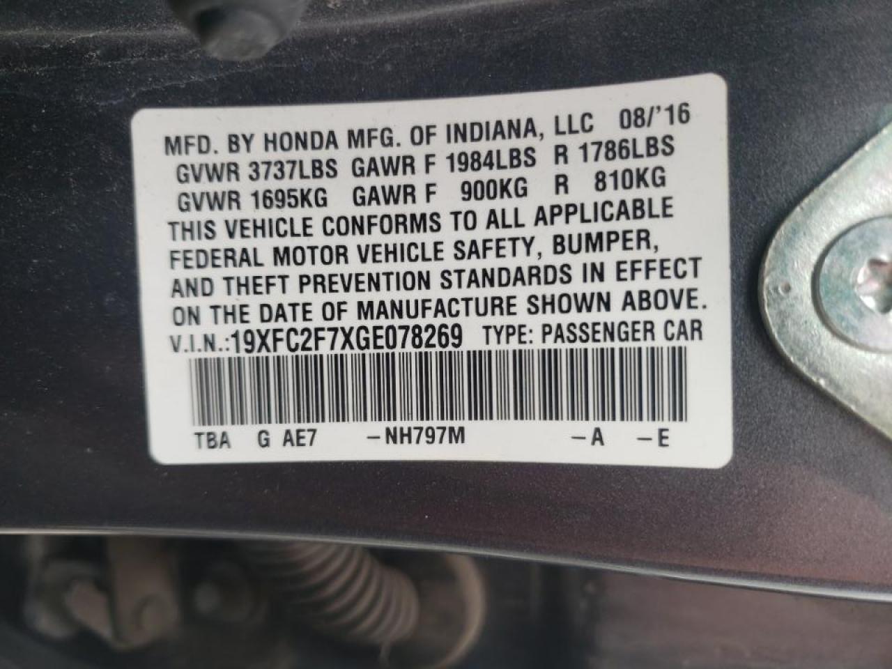 Photo 10 from auction – 2016 HONDA CIVIC EX with VIN 19XFC2F7XGE078269