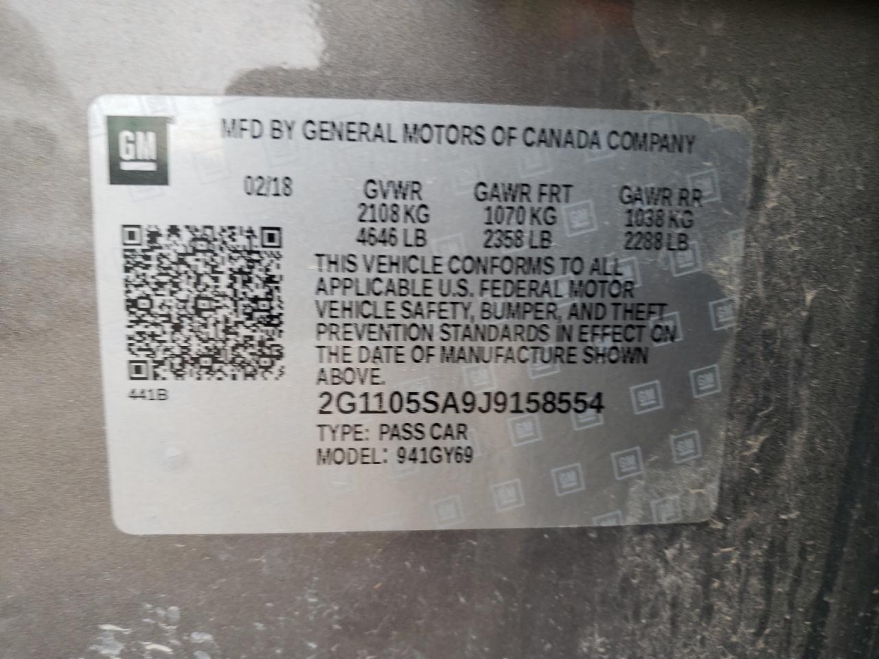 Photo 10 from auction – 2018 CHEVROLET IMPALA LT with VIN 2G1105SA9J9158554