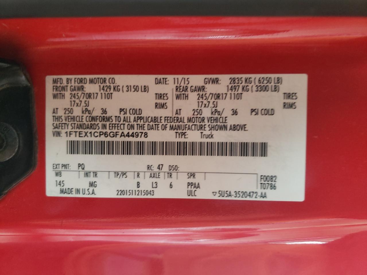 Photo 10 from auction – 2016 FORD F150 SUPER with VIN 1FTEX1CP6GFA44978