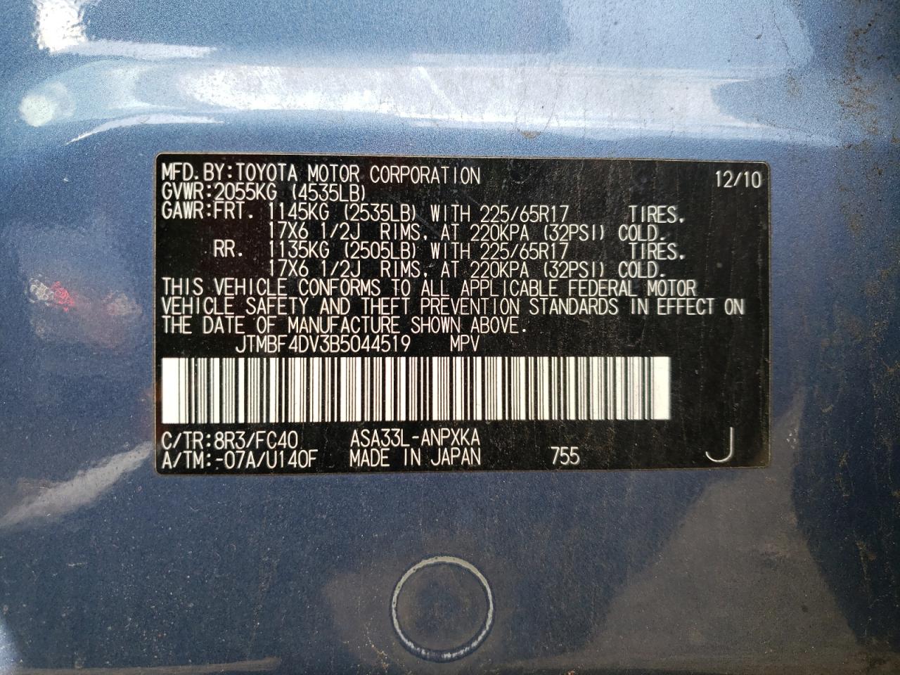 Photo 10 from auction – 2011 TOYOTA RAV4 with VIN JTMBF4DV3B5044519