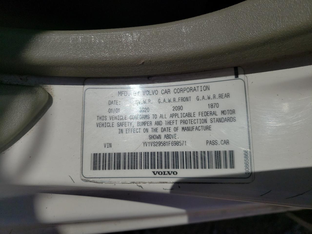 Photo 10 from auction – 2001 VOLVO S40 1.9T with VIN YV1VS29581F698571