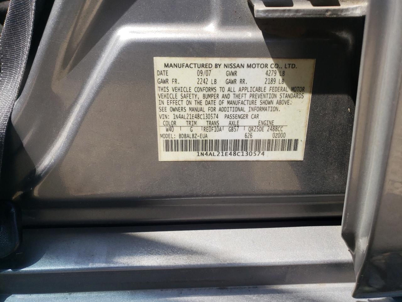 Photo 10 from auction – 2008 NISSAN ALTIMA 2.5 with VIN 1N4AL21E48C130574