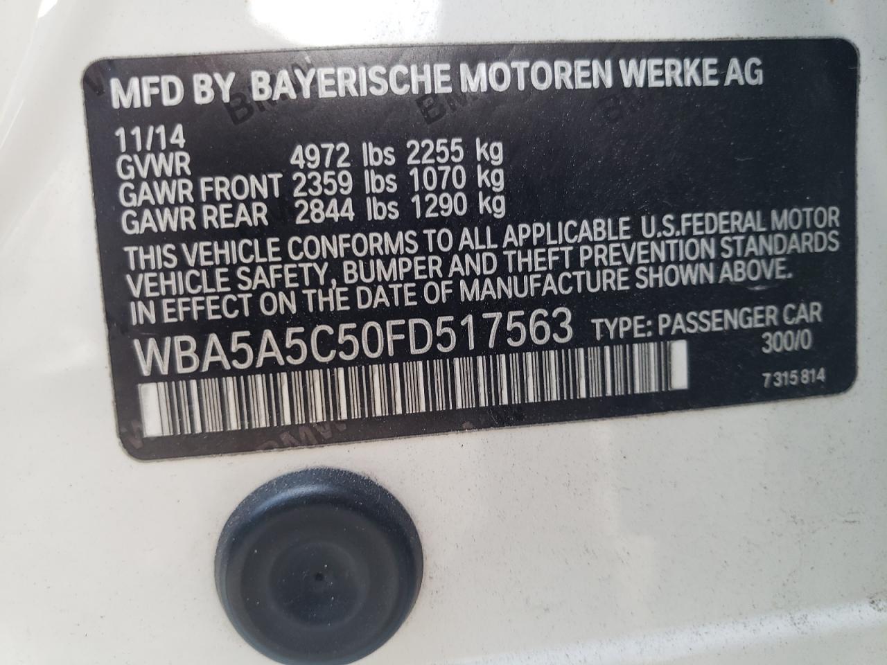 Photo 10 from auction – 2015 BMW 528 I with VIN WBA5A5C50FD517563