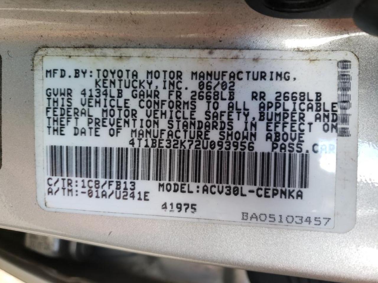 Photo 10 from auction – 2002 TOYOTA CAMRY LE with VIN 4T1BE32K72U093956