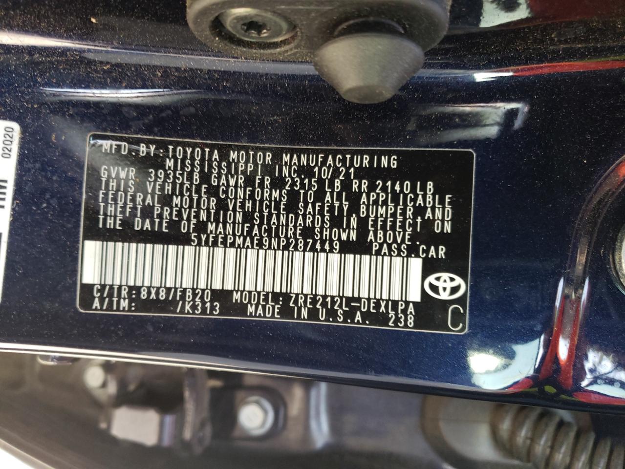 Photo 10 from auction – 2022 TOYOTA COROLLA LE with VIN 5YFEPMAE9NP287449