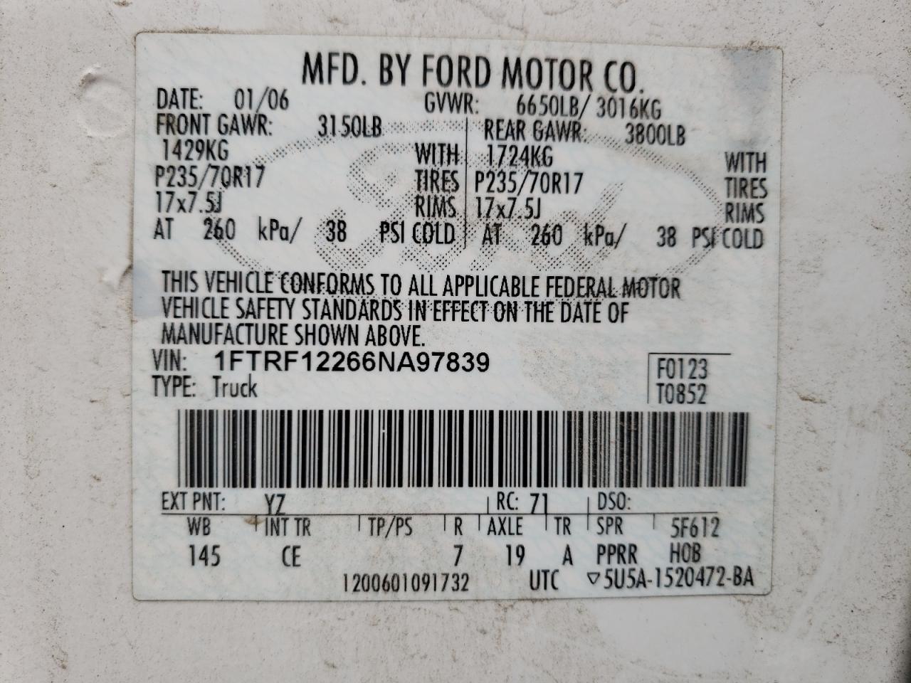 Photo 10 from auction – 2006 FORD F150 with VIN 1FTRF12266NA97839