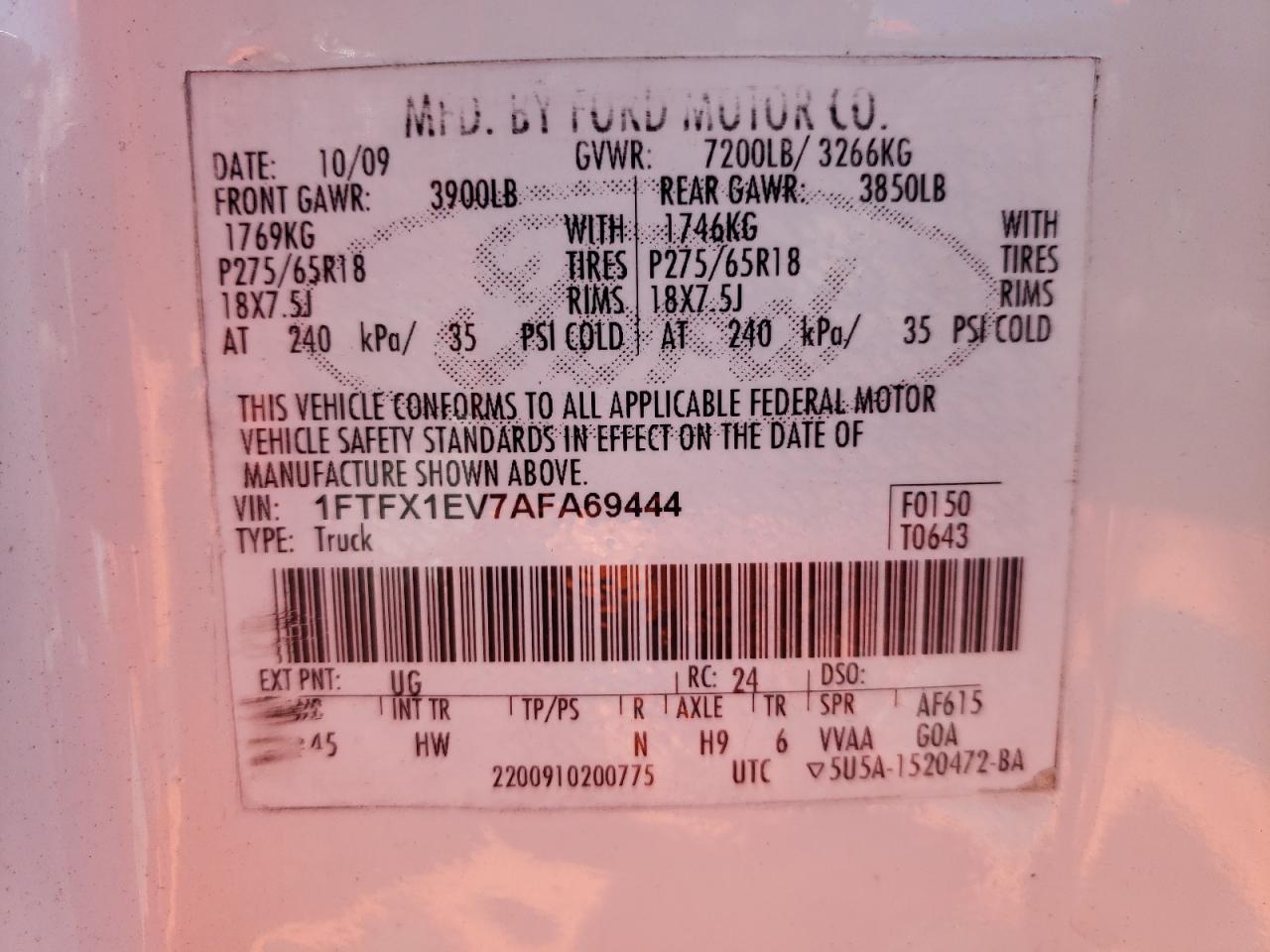Photo 10 from auction – 2010 FORD F150 SUPER with VIN 1FTFX1EV7AFA69444