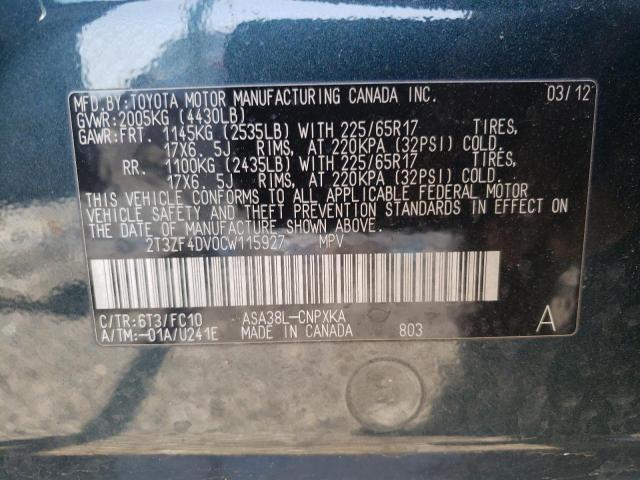 Photo 10 from auction – 2012 TOYOTA RAV4 with VIN 2T3ZF4DV0CW115927