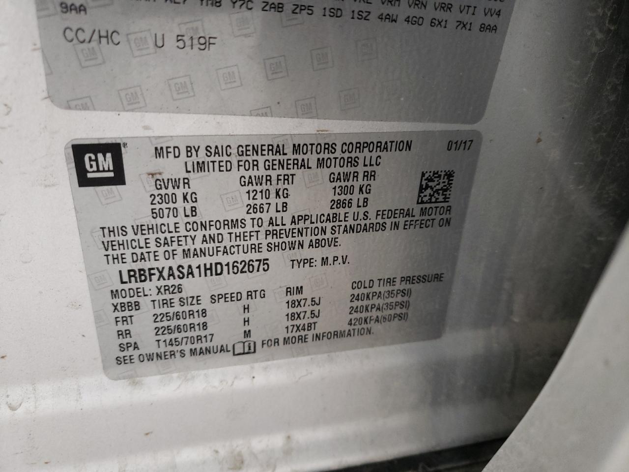 Photo 10 from auction – 2017 BUICK ENVISION P with VIN LRBFXASA1HD162675