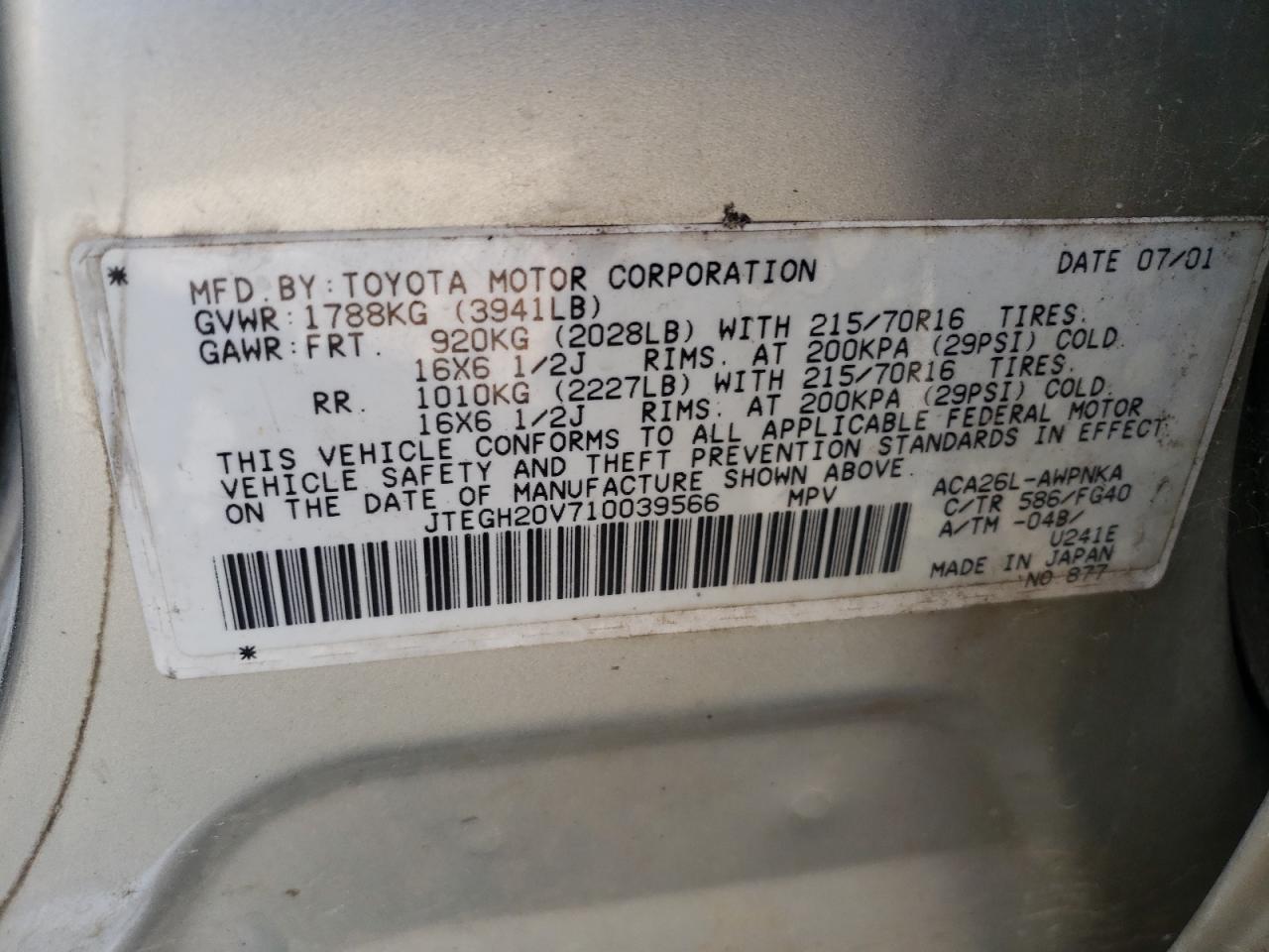Photo 10 from auction – 2001 TOYOTA RAV4 with VIN JTEGH20V710039566