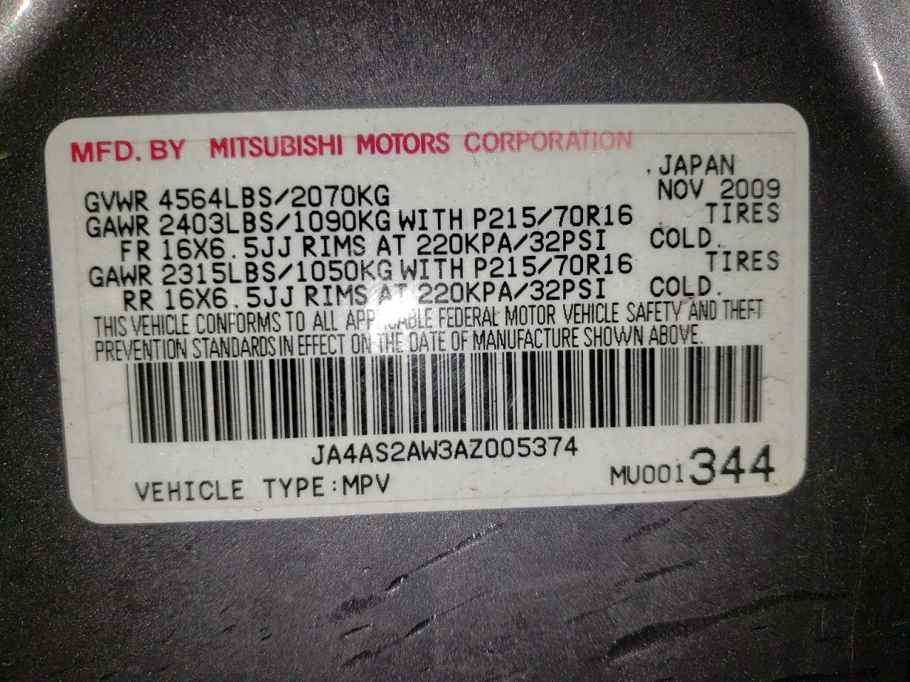 Photo 10 from auction – 2010 MITSUBISHI OUTLANDER with VIN JA4AS2AW3AZ005374