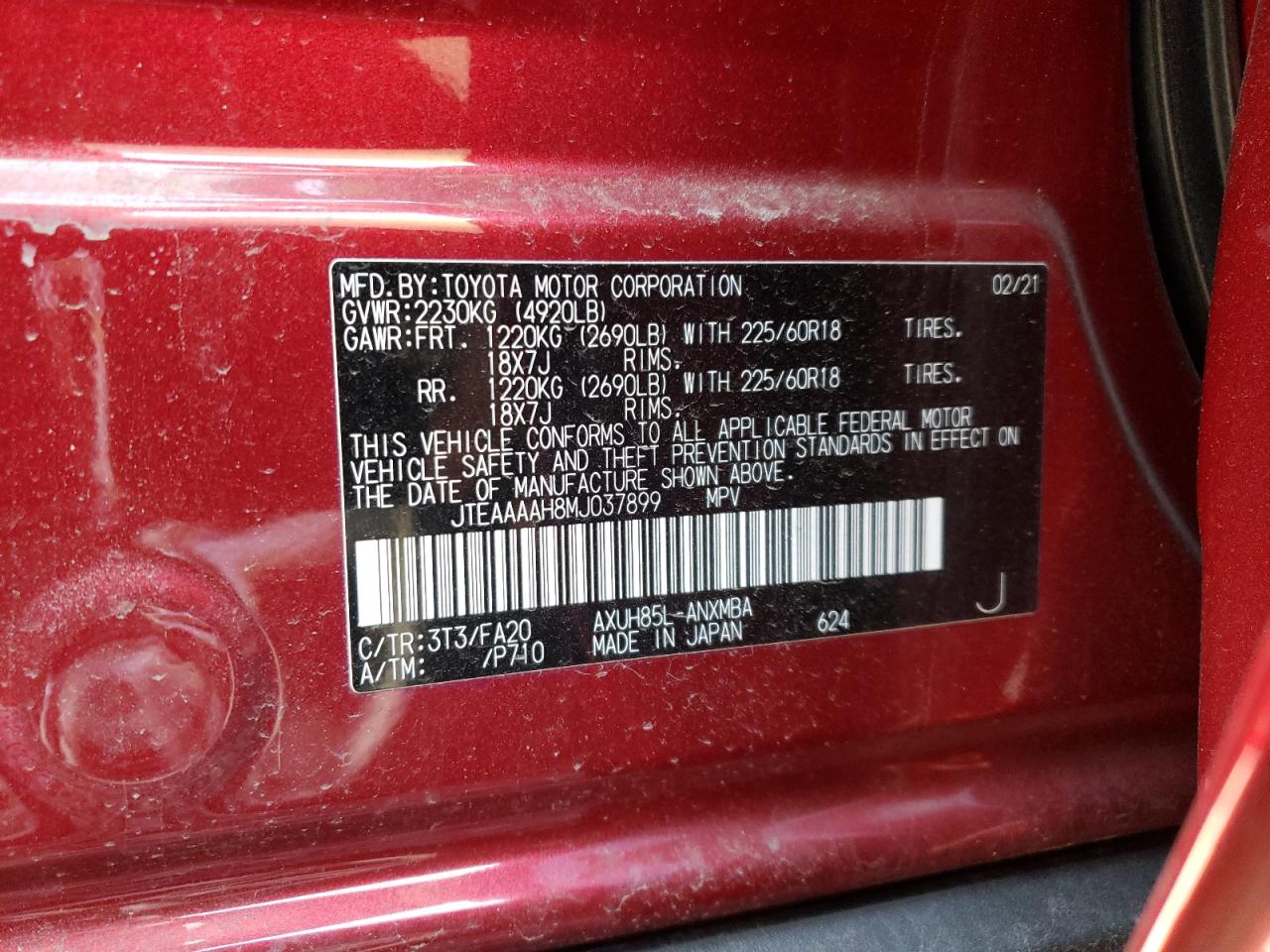 Photo 10 from auction – 2021 TOYOTA VENZA LE with VIN JTEAAAAH8MJ037899