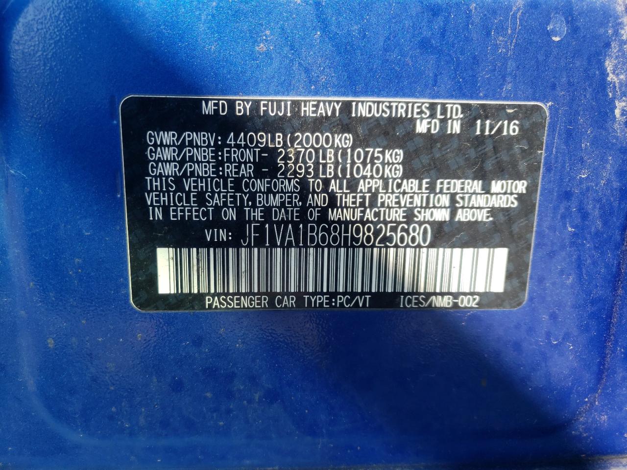 Photo 10 from auction – 2017 SUBARU WRX with VIN JF1VA1B68H9825680