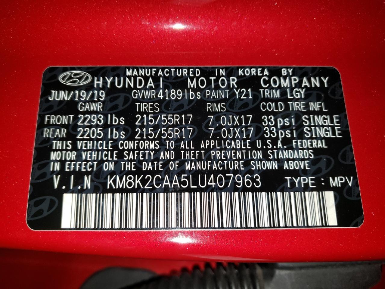 Photo 10 from auction – 2020 HYUNDAI KONA SEL with VIN KM8K2CAA5LU407963