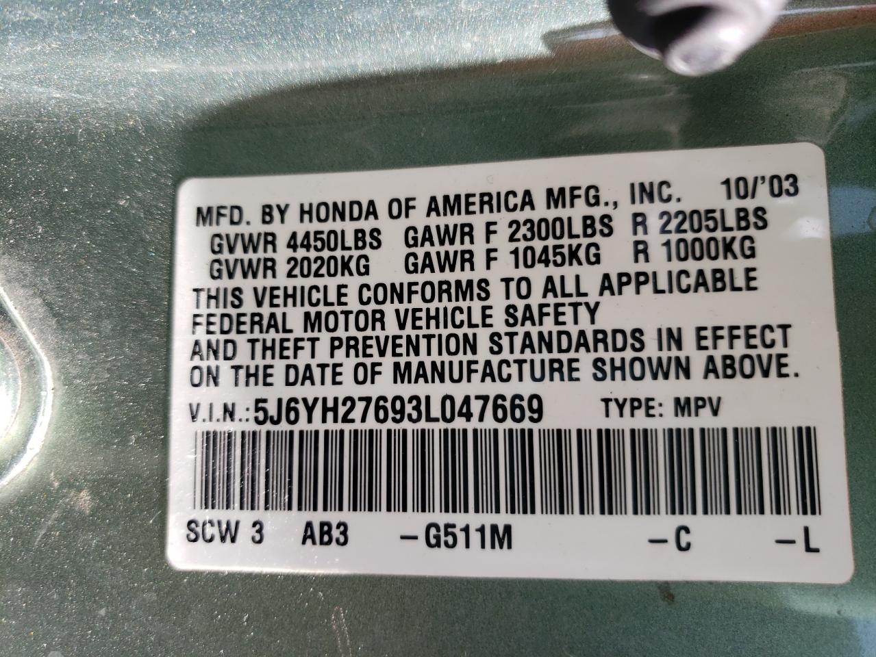 Photo 10 from auction – 2003 HONDA ELEMENT EX with VIN 5J6YH27693L047669