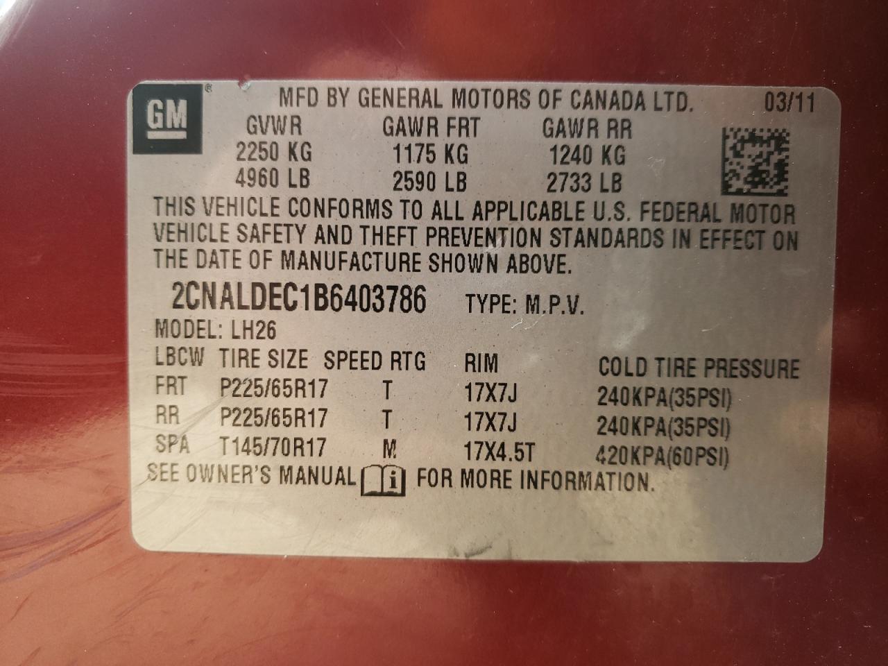 Photo 10 from auction – 2011 CHEVROLET EQUINOX with VIN 2CNALDEC1B6403786