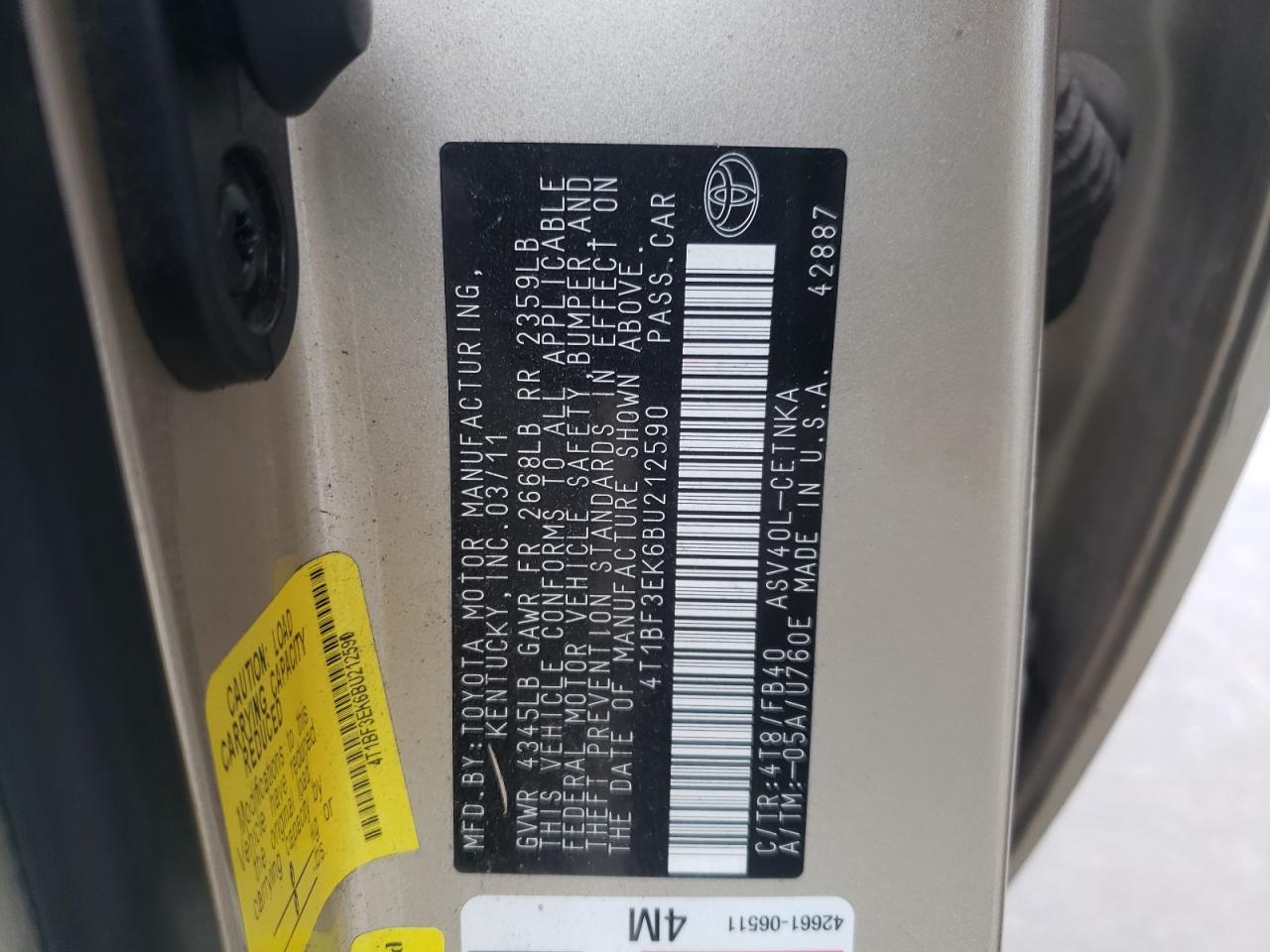 Photo 10 from auction – 2011 TOYOTA CAMRY BASE with VIN 4T1BF3EK6BU212590