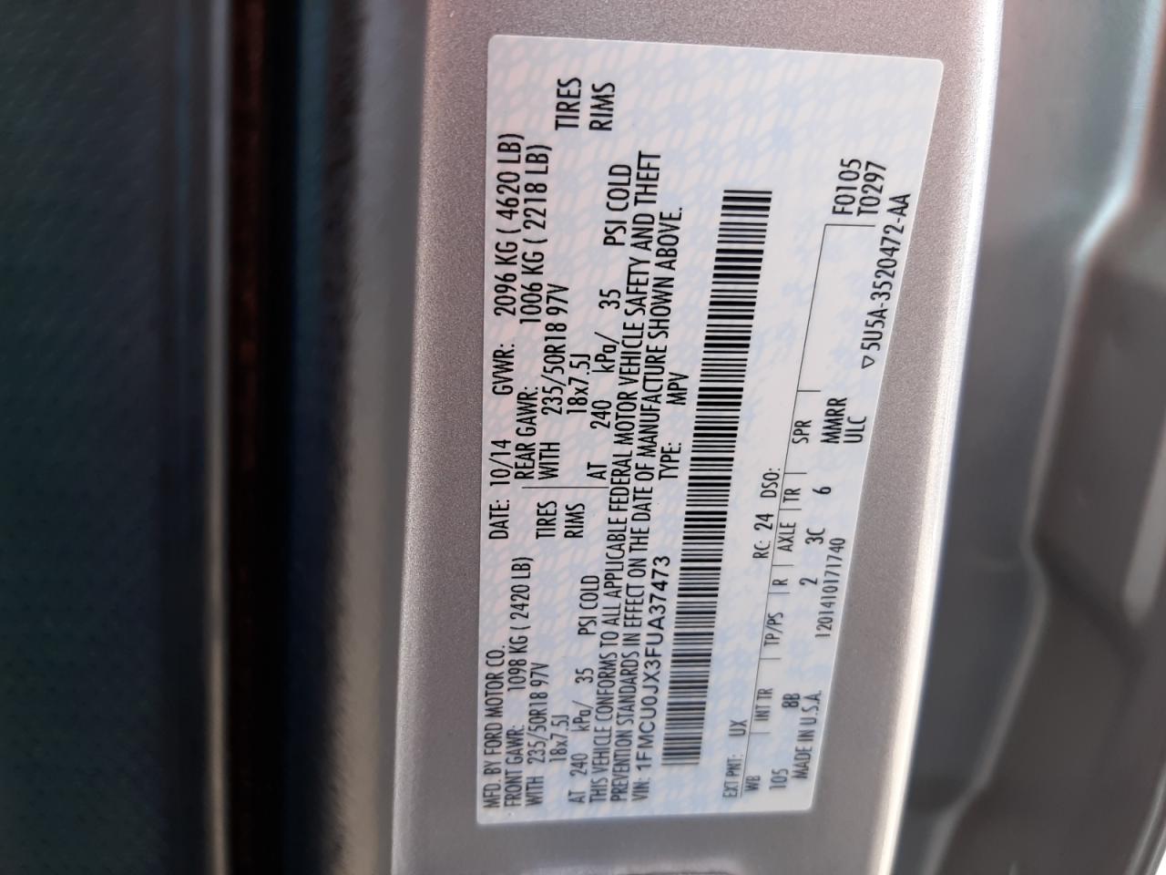 Photo 10 from auction – 2015 FORD ESCAPE TIT with VIN 1FMCU0JX3FUA37473