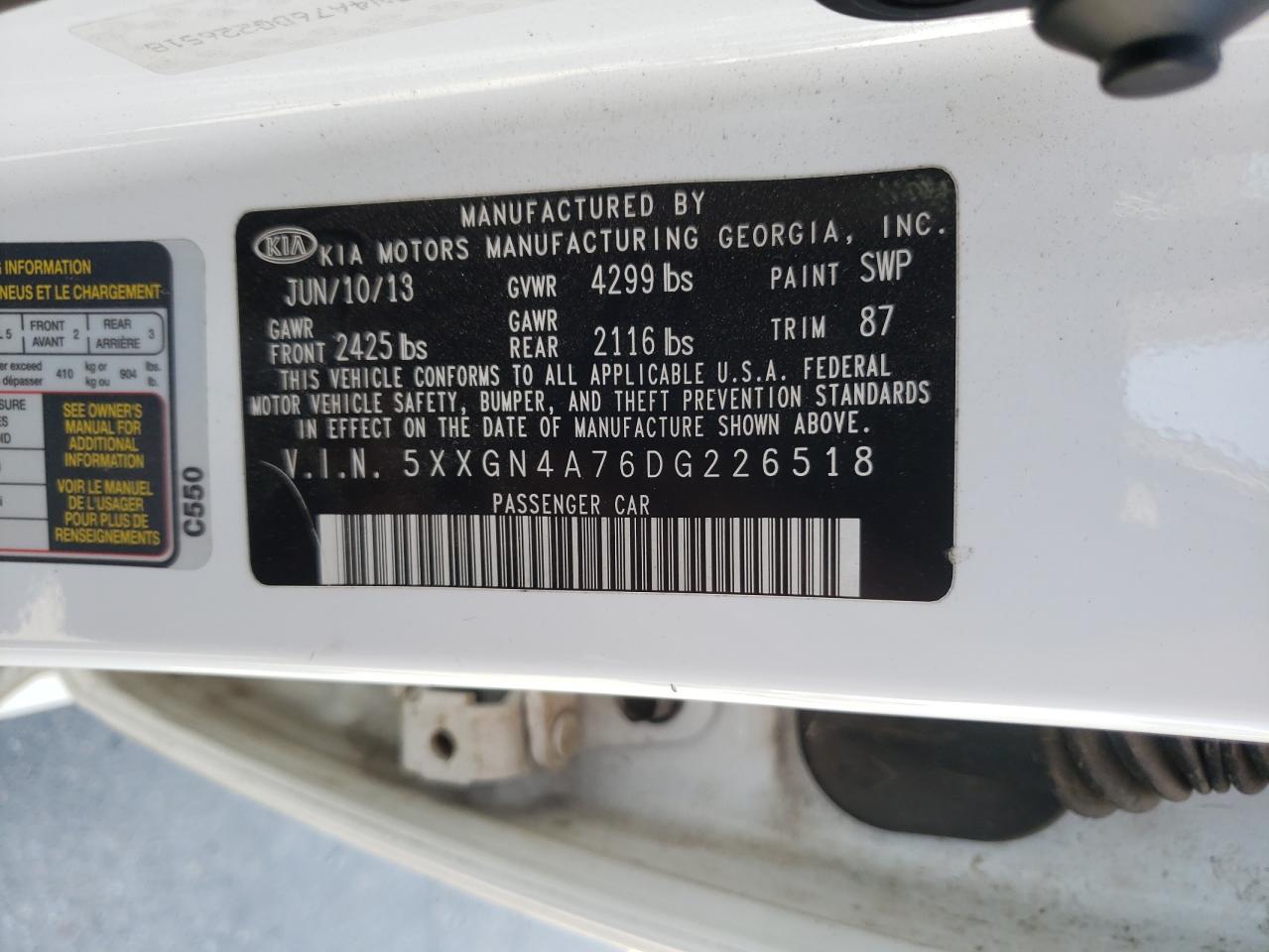 Photo 10 from auction – 2013 KIA OPTIMA EX with VIN 5XXGN4A76DG226518