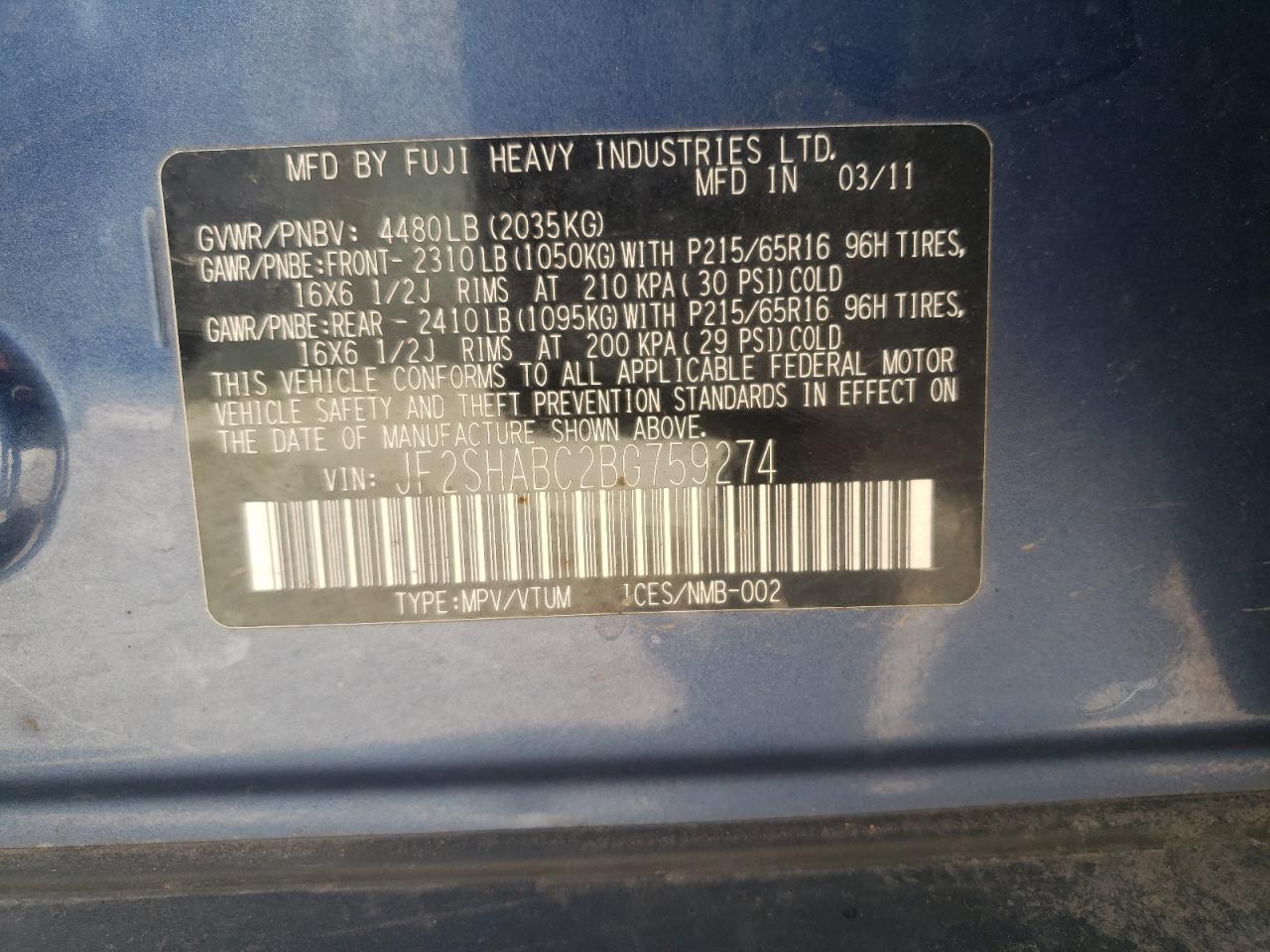 Photo 10 from auction – 2011 SUBARU FORESTER 2 with VIN JF2SHABC2BG759274