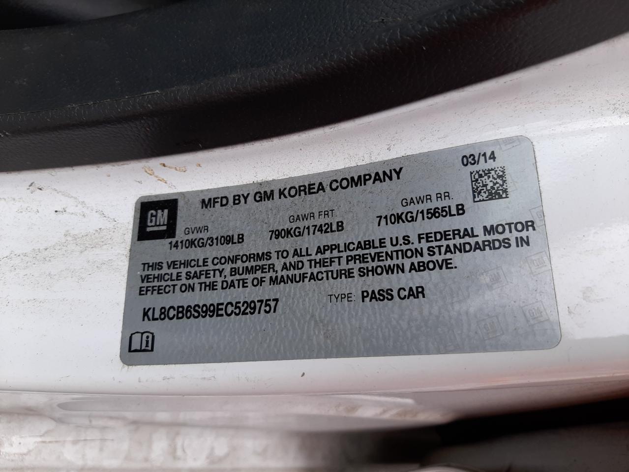 Photo 10 from auction – 2014 CHEVROLET SPARK LS with VIN KL8CB6S99EC529757