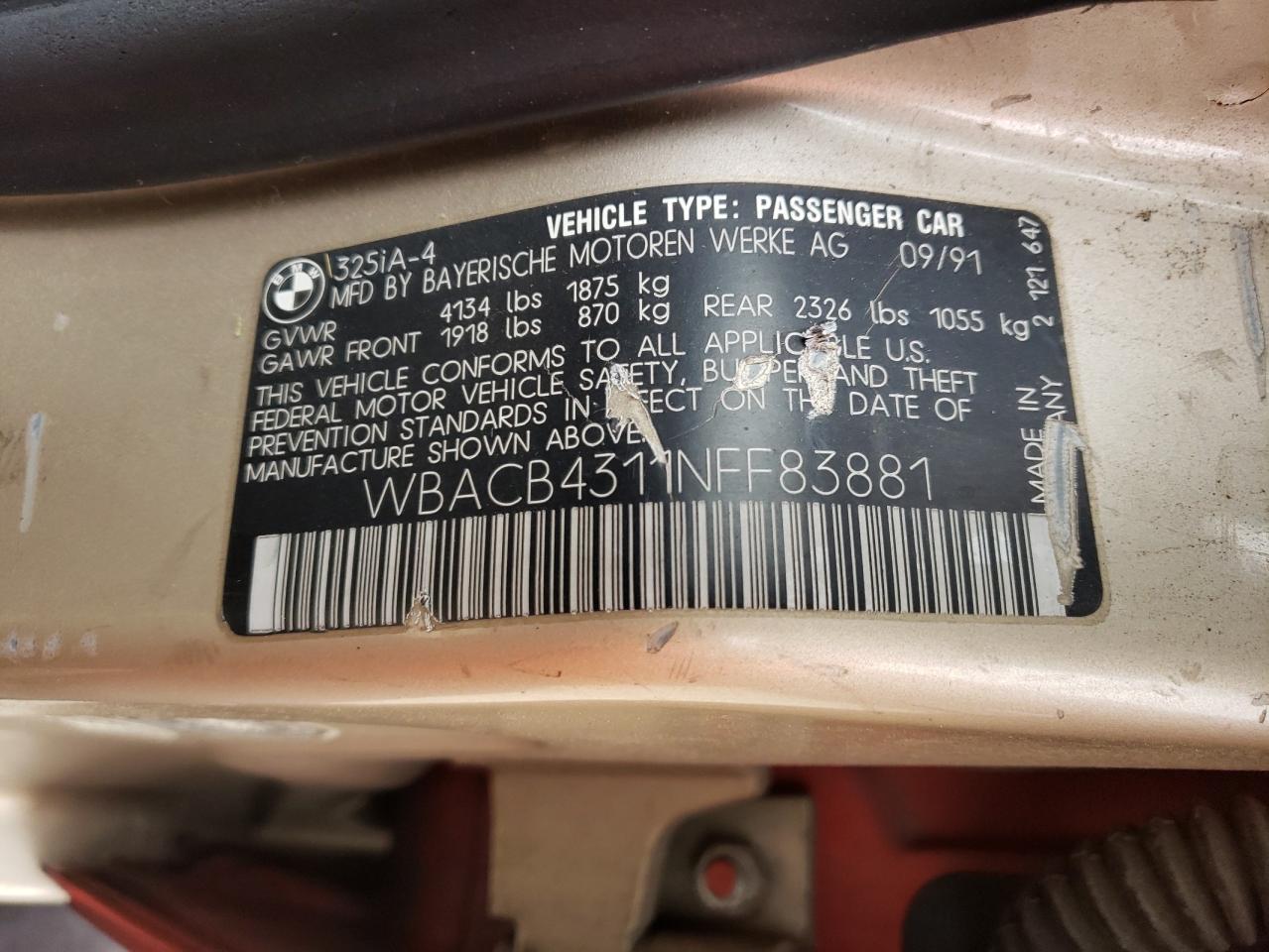 Photo 10 from auction – 1992 BMW 325 I AUTO with VIN WBACB4311NFF83881