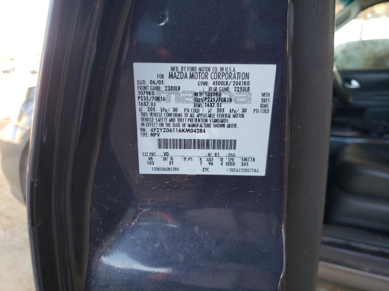 Photo 10 from auction – 2006 MAZDA TRIBUTE S with VIN 4F2YZ06116KM04284