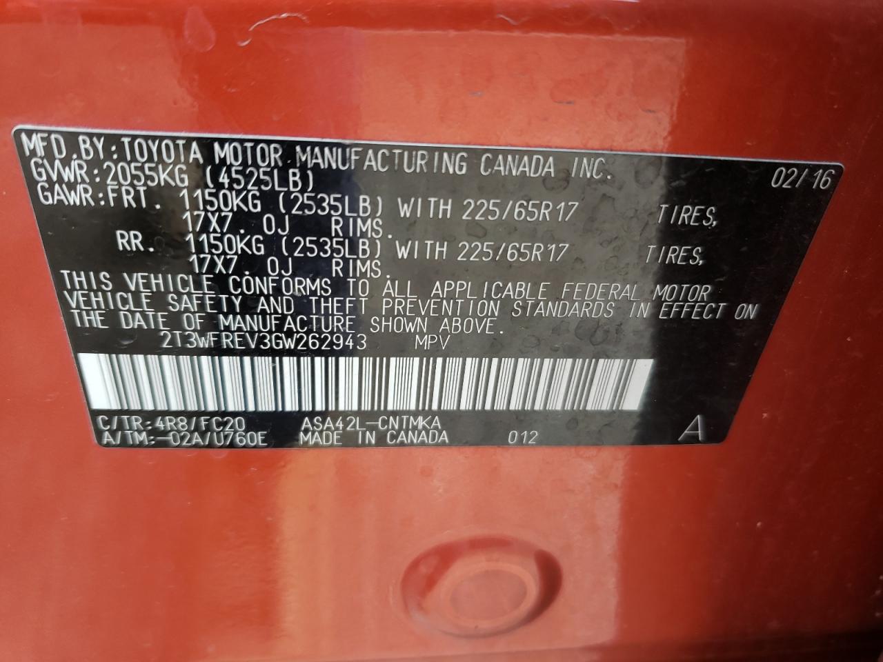 Photo 10 from auction – 2016 TOYOTA RAV4 XLE with VIN 2T3WFREV3GW262943