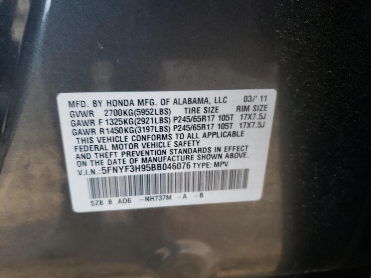 Photo 10 from auction – 2011 HONDA PILOT TOUR with VIN 5FNYF3H95BB046076