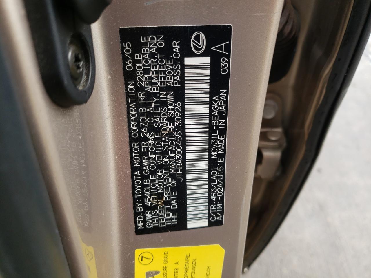 Photo 10 from auction – 2005 LEXUS ES 330 with VIN JTHBA30G455130926
