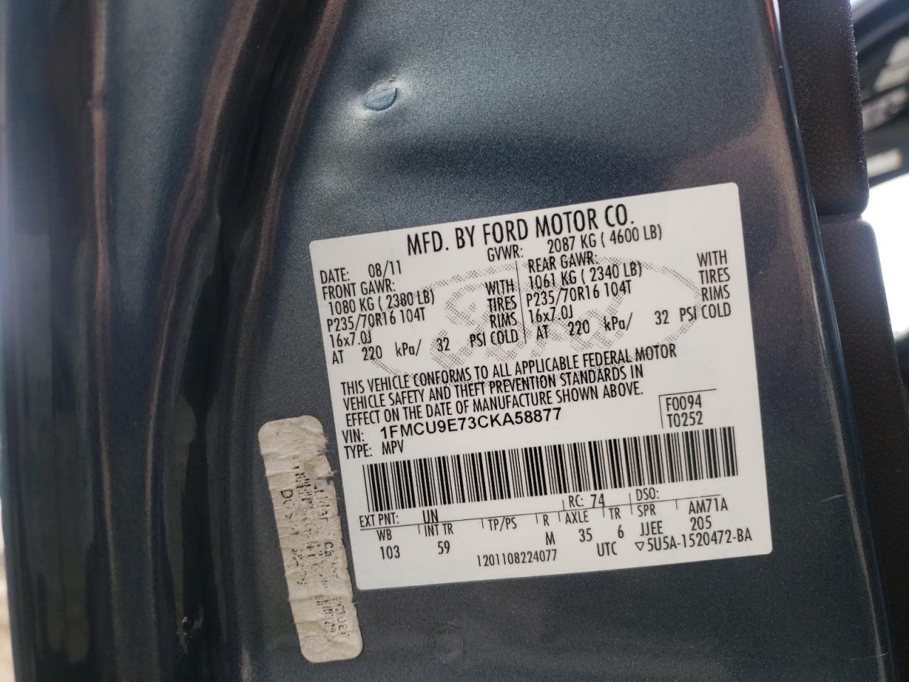 Photo 10 from auction – 2012 FORD ESCAPE LIM with VIN 1FMCU9E73CKA58877