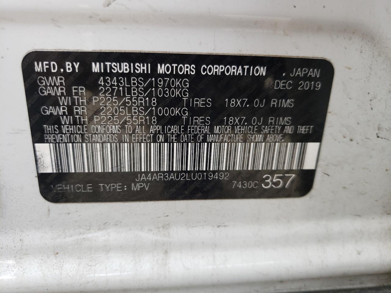 Photo 10 from auction – 2020 MITSUBISHI OUTLANDER with VIN JA4AR3AU2LU019492