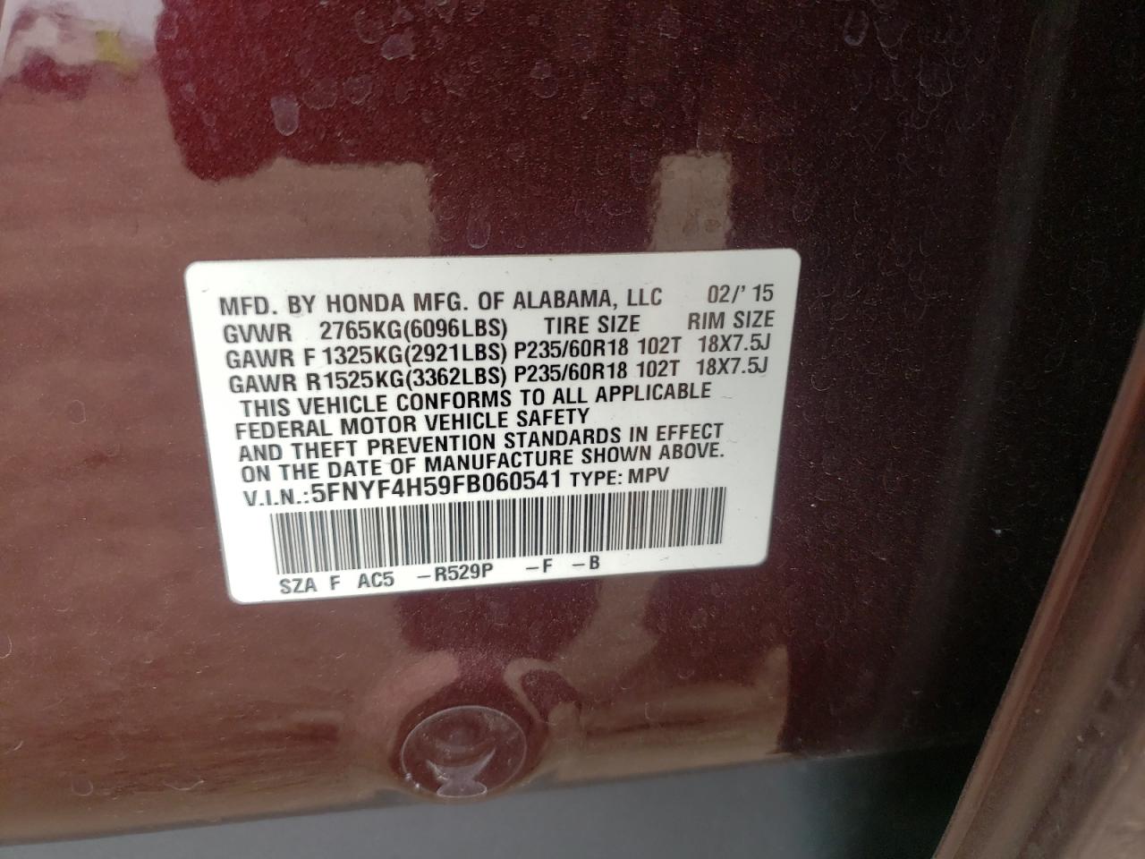 Photo 10 from auction – 2015 HONDA PILOT EXL with VIN 5FNYF4H59FB060541